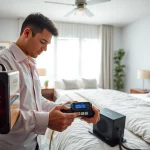 Illustration of bed bug heat treatment being applied by a professional technician in a sterile environment.