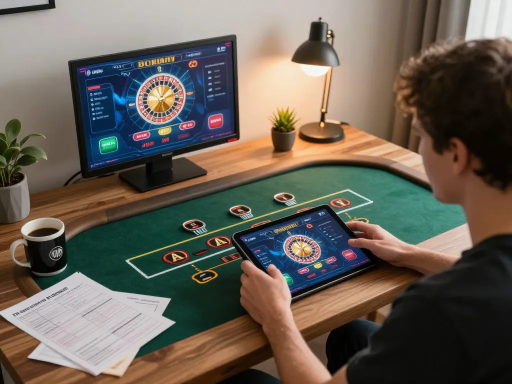 Engaged player using ilvidx app for live dealer roulette, showcasing a cozy gaming environment