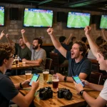 Fans engaging with okwintv during a live soccer match at a vibrant sports bar, showcasing lively atmosphere.