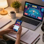 Player engaging with SC88 app on smartphone during online casino game, demonstrating strategic gambling.