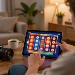 Engaging in exciting SLOT gameplay on a tablet in a cozy home setting, highlighting a strategic approach.
