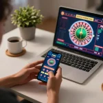 Engaging with PG88 casino app on smartphone in stylish home gaming setup