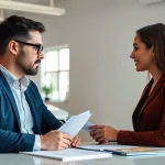 Assessing extended car warranty for used cars with a professional consultant in a modern office.
