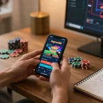 Player enjoying jagoan86 online casino on smartphone, showcasing strategy notes and cozy setup