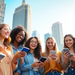 Dynamic social media girls interacting joyfully in a vibrant urban environment.
