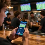 Engaging user checking xem tỷ số bongdalu on smartphone in a lively sports bar.