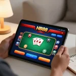 Player enjoying HB88 free mobile casino gaming experience on a tablet in a cozy home setting.