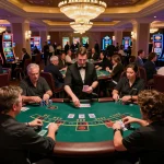 uu88 players strategizing bets at blackjack tables in an upscale casino atmosphere