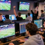 keobongda patrons intensely analyzing sports betting odds in a vibrant lounge.