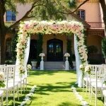 Stunning outdoor view of a Jacksonville Wedding Venue, showcasing a beautifully decorated ceremony setup.