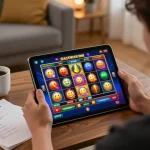 Engaging player at home enjoying slot gacor hari ini on tablet, showcasing vibrant win animations.