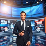 Engaging news anchor delivering the latest news in a modern studio.