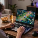 Player enjoying game xx88 on laptop in cozy home setting, reflecting online gambling excitement.