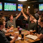 Exciting sports betting scene at a lively sports bar showcasing okwintv, with patrons engaged and multiple screens displaying live matches.