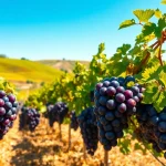 Tempranillo grapes thriving in a sunlit vineyard during harvest season.