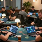 Players engaging in online poker gameplay at home with cm88-t1 strategy, creating a vibrant gaming atmosphere.
