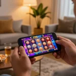 Engaging with f8betz mobile app, player wins on a jackpot slot game in a cozy home setting.