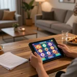 Open88 user engaging with a vibrant online slot game interface on a tablet.