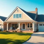 Cape Cod home showcasing a modern expansion and attached garage with coastal charm.