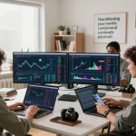 Excited group analyzing charts on a crypto earning platform in a modern home office.