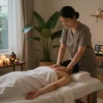Relaxing 논현동마사지 session in serene therapy room with therapist, soft lighting, and calming decor.