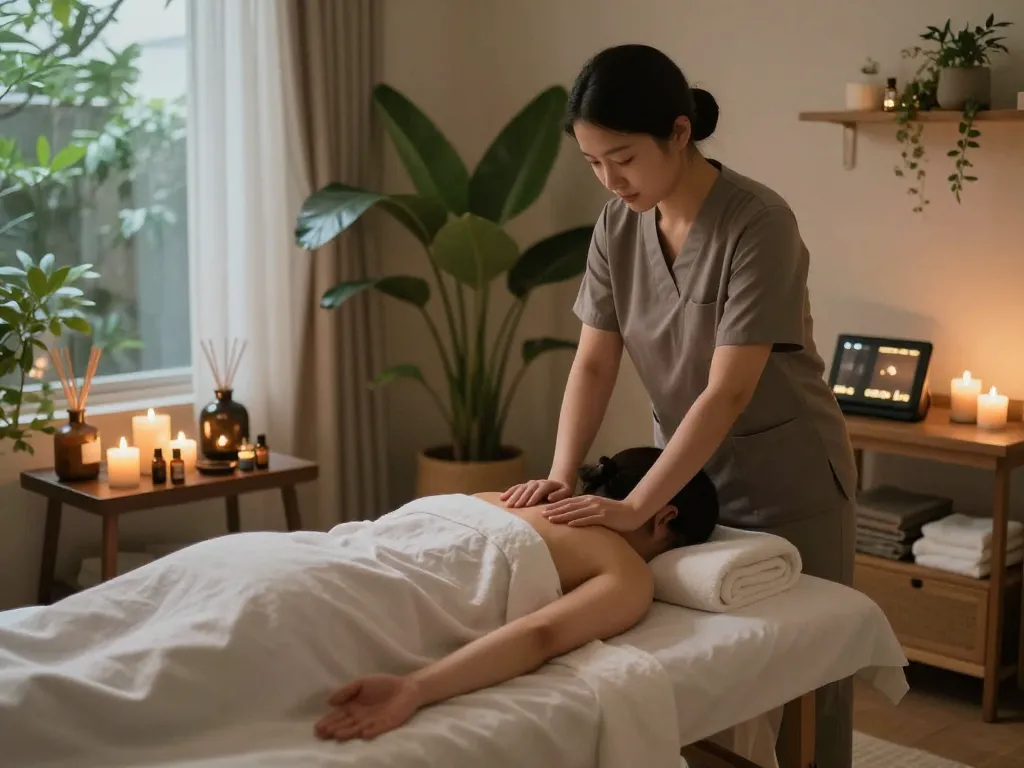 Relaxing 논현동마사지 session in serene therapy room with therapist, soft lighting, and calming decor.