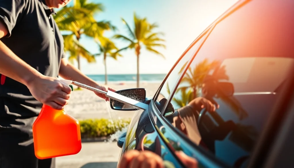 Experience mobile detailing Delray Beach with a technician expertly washing a car under the sun.