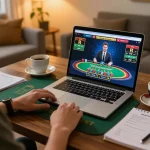 Engaging in uu88 bet live dealer games at home, showcasing excited player and lively interface