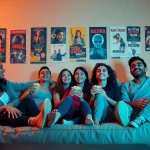 Watch series online with friends during a cozy movie night at home.