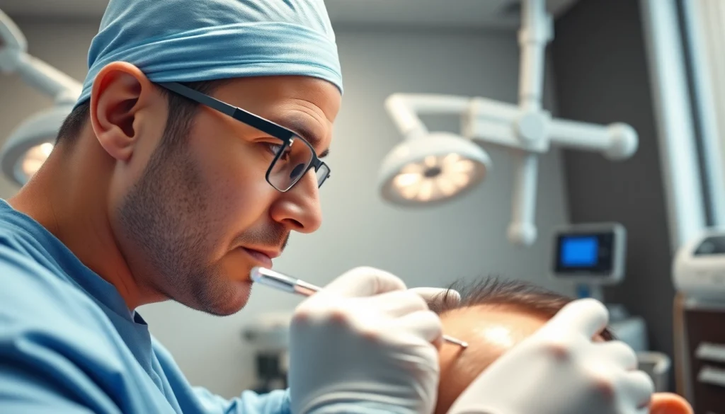 Hair transplant istanbul price showcased through a close-up image of a skilled surgeon performing the procedure in a modern clinic setting.