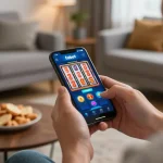 Engaging with the fabet mobile app, spinning colorful slot reels in a cozy home environment.
