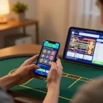 Engaging in m88 capital mobile gaming strategy at home, showcasing colorful slots on smartphone