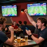 Fans engaging in F8BET sports betting while watching live games on multiple screens