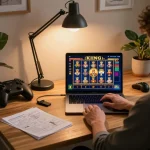 Engaged player enjoying the king slot game on a stylish laptop at home.