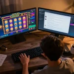 Engaging in a slot gacor session from home with vibrant game displays and a cozy atmosphere.