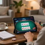 Engaging in poker on 888vnd tablet in cozy setting, highlighting strategic gameplay.