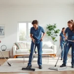 Efficient cleaning services calgary team working in a bright, organized living space.