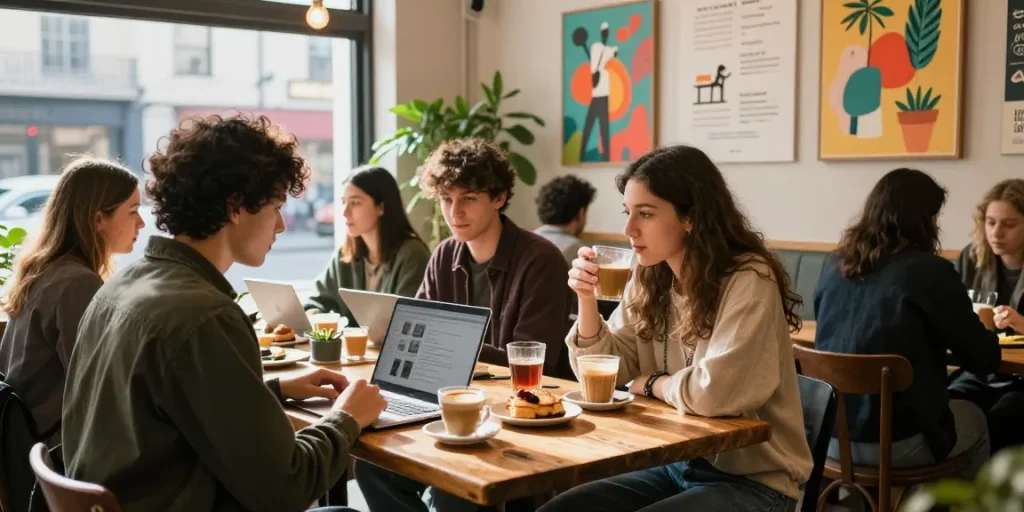 A vibrant café scene showcasing friends enjoying drinks and pastries while working on laptops, highlighting urban lifestyle and creativity for https://forumup.org/shop/search.php?ca_id=&addr1=&addr2=&addr3=&schKeyword=.