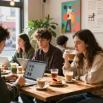 A vibrant café scene showcasing friends enjoying drinks and pastries while working on laptops, highlighting urban lifestyle and creativity for https://forumup.org/shop/search.php?ca_id=&addr1=&addr2=&addr3=&schKeyword=.