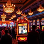 Slot resmi menampilkan mesin slot mewah dan pemain antusias di kasino yang meriah.