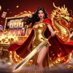 Pakde4D showcases an Asian warrior queen in a dynamic casino scene filled with spinning slot reels and floating cards.