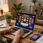Player engaging in non gamstop casinos during an exciting online gaming session at home, showcasing casino app on laptop.