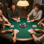 KJC poker night with friends enjoying strategic gameplay and vibrant poker chips at a round table.