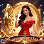 Pemain NAGA2000 menikmati pengalaman kasino yang mendebarkan dengan visual yang menakjubkan dan elemen permainan yang menarik dalam ilustrasi yang penuh aksi.