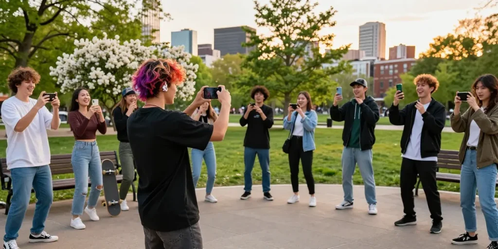 How to get famous on TikTok: vibrant urban scene with young creator filming dance challenge during golden hour.