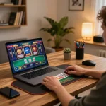 Engaging player using alexis77 gaming app on laptop at home, demonstrating online betting excitement.