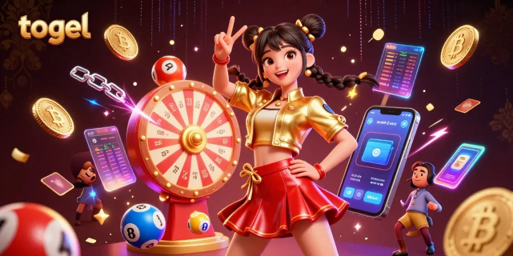 Engage in togel with vibrant lottery elements, a joyful character, and crypto highlights.