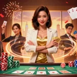 Experience thrilling moments at mm88 casino with a powerful Asian woman holding cards, embodying glamorous success.