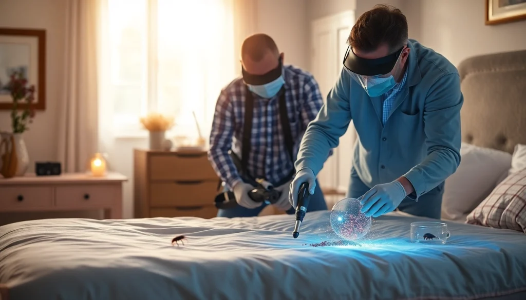 Exterminator performing bed bug treatment in a cozy bedroom with professional equipment.