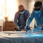 Exterminator performing bed bug treatment in a cozy bedroom with professional equipment.